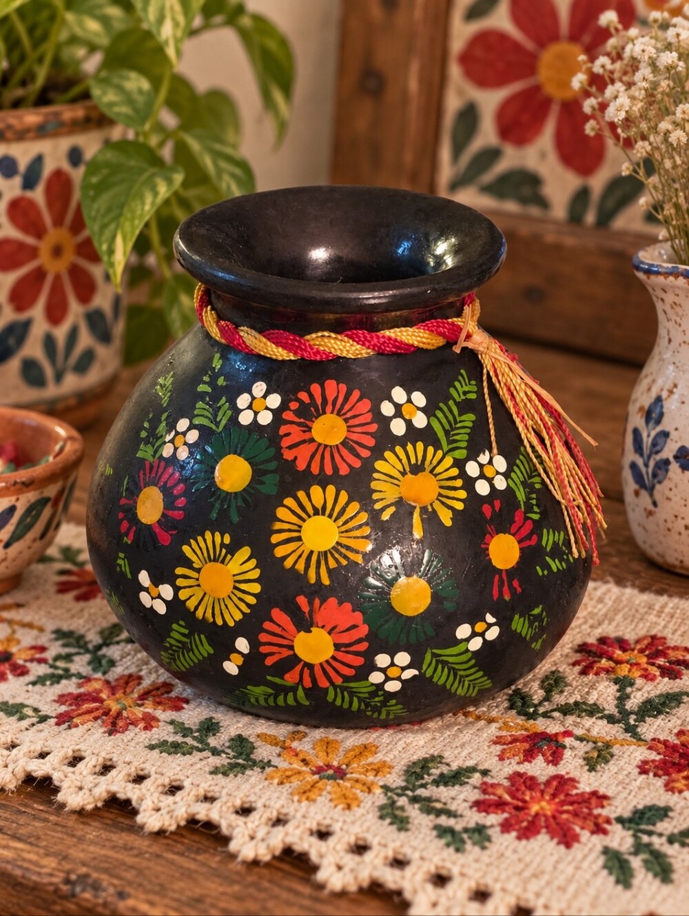 Mexican Folk Art Hand-Painted Floral Vase – Rustic Cottagecore Boho Decor